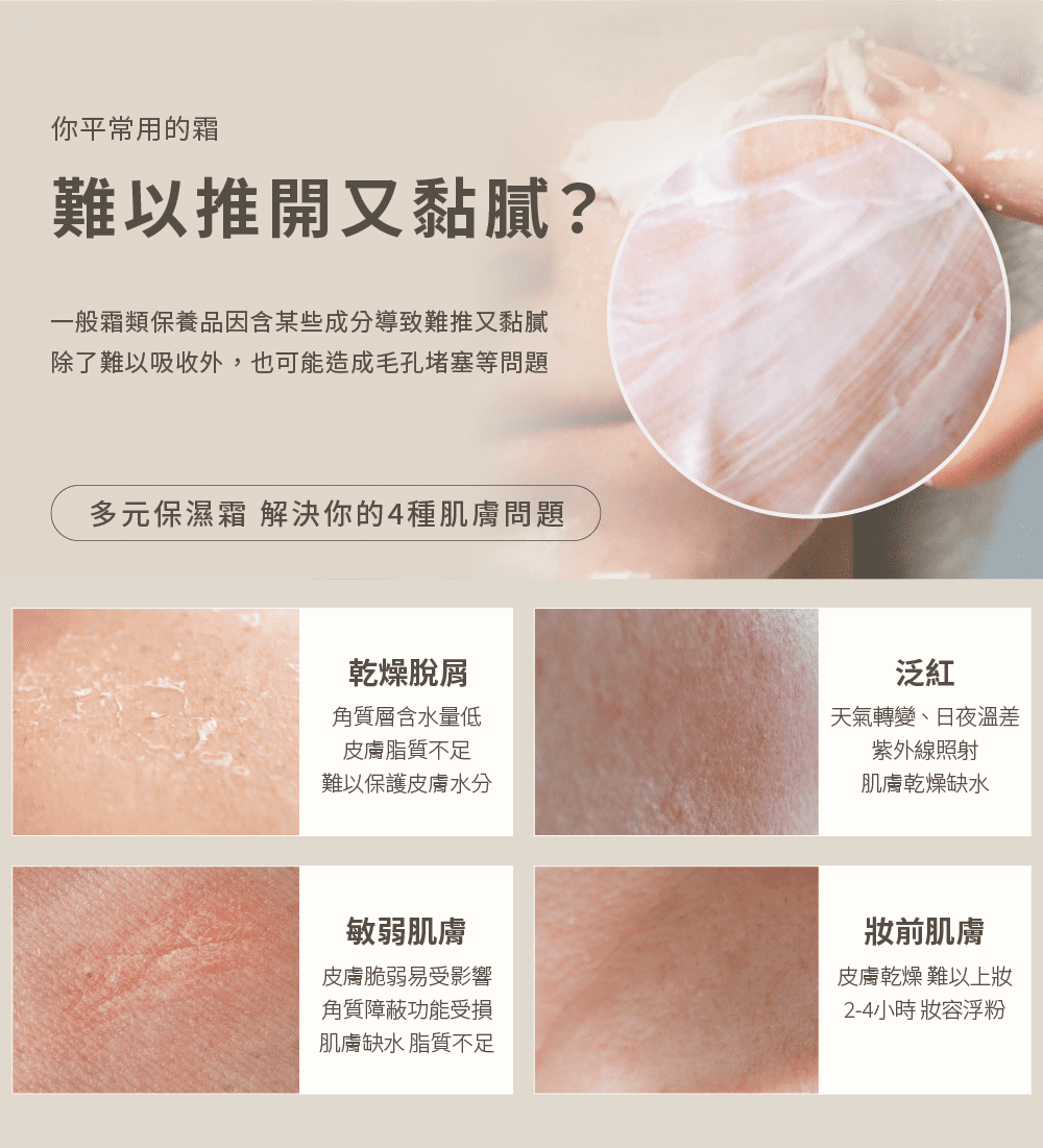 一般霜類保養品因含某些成分導致難推又黏膩