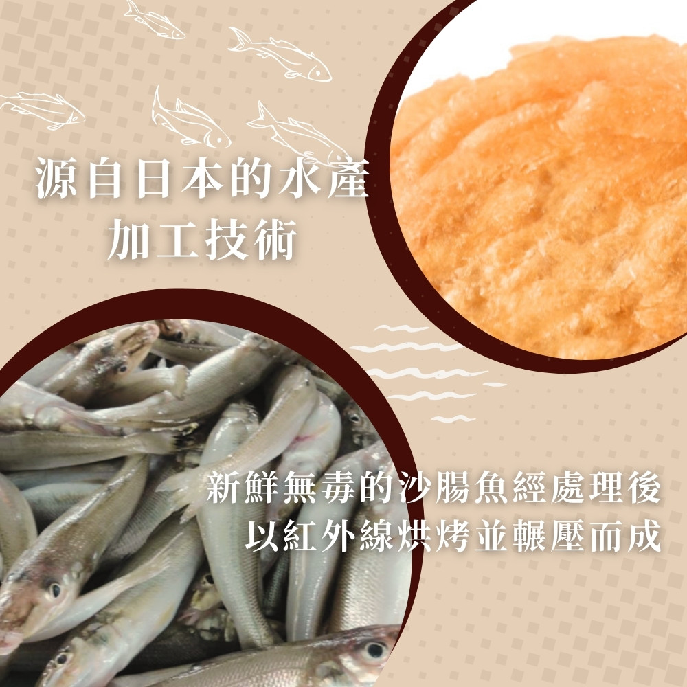 源自日本的水產 加工技術 新鮮無毒的沙腸魚經處理後 以紅外線烘烤並輾壓而成 