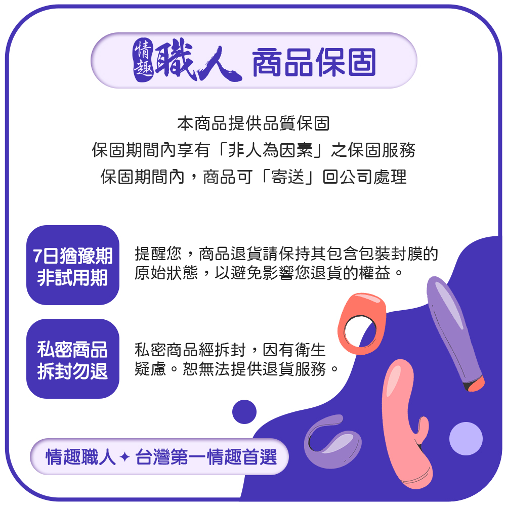 7日猶豫期 提醒您,商品退貨請保持其包含包裝封膜的