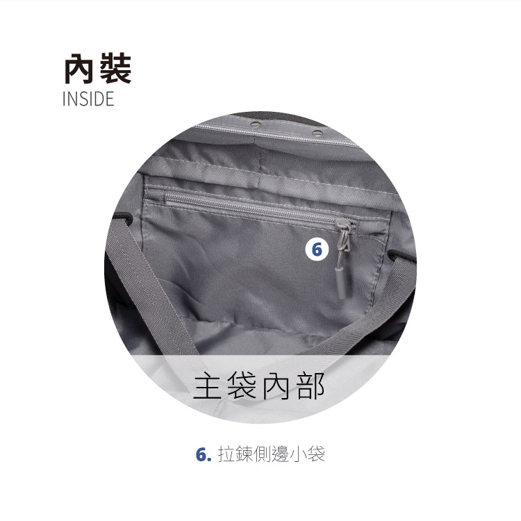 內裝 主袋內部 6. 拉鍊側邊小袋 