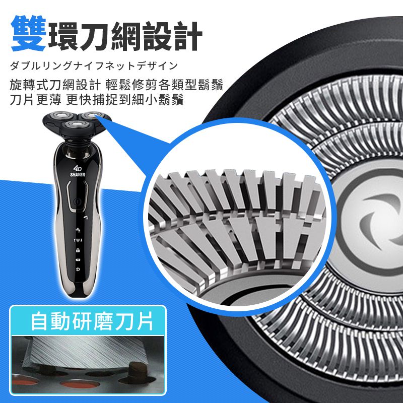 雙環刀網設計 旋轉式刀網設計 輕鬆修剪各類型鬍鬚 刀片更薄 更快捕捉到細小鬍鬚 自動研磨刀片 