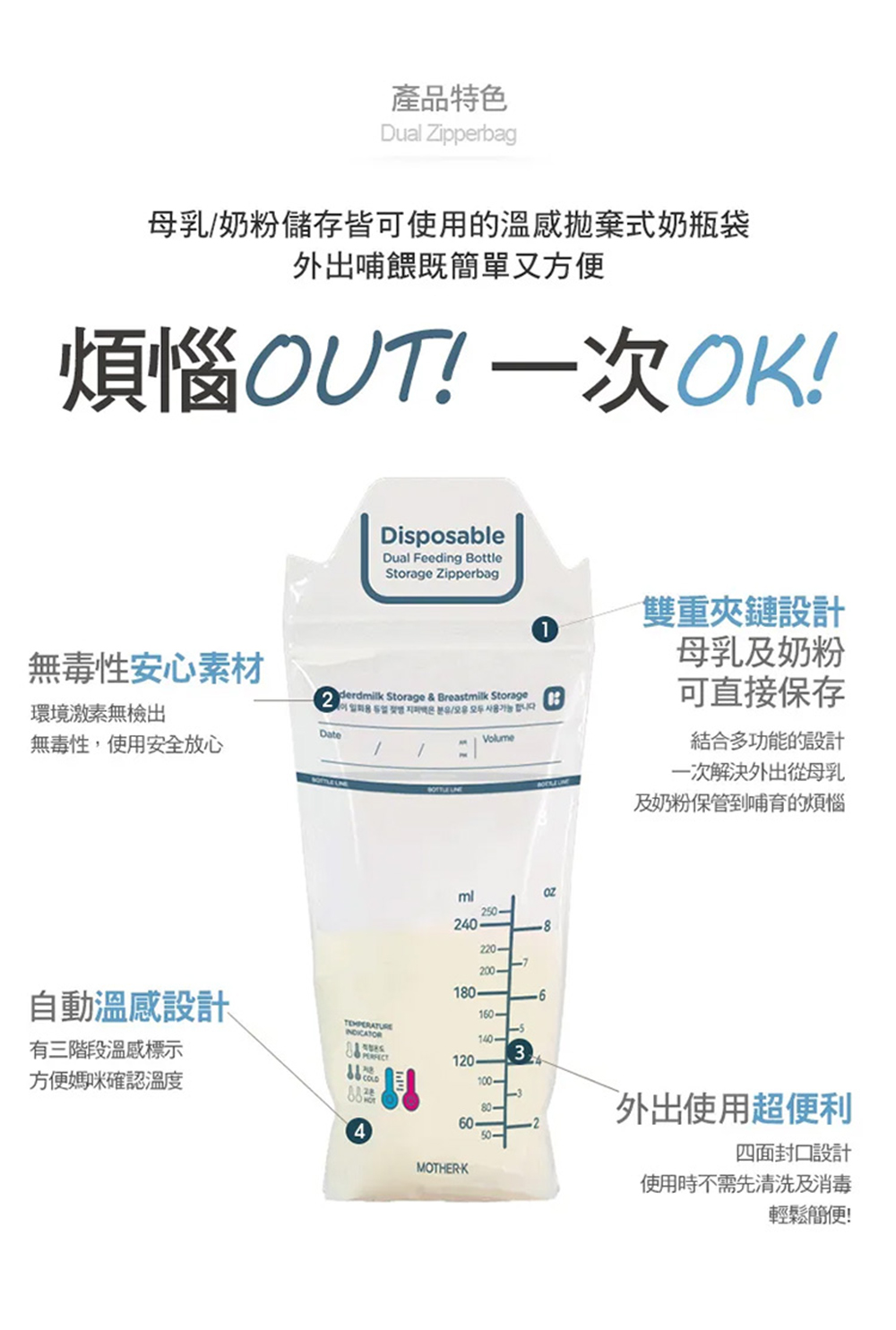 母乳奶粉儲存皆可使用的溫感拋棄式奶瓶袋