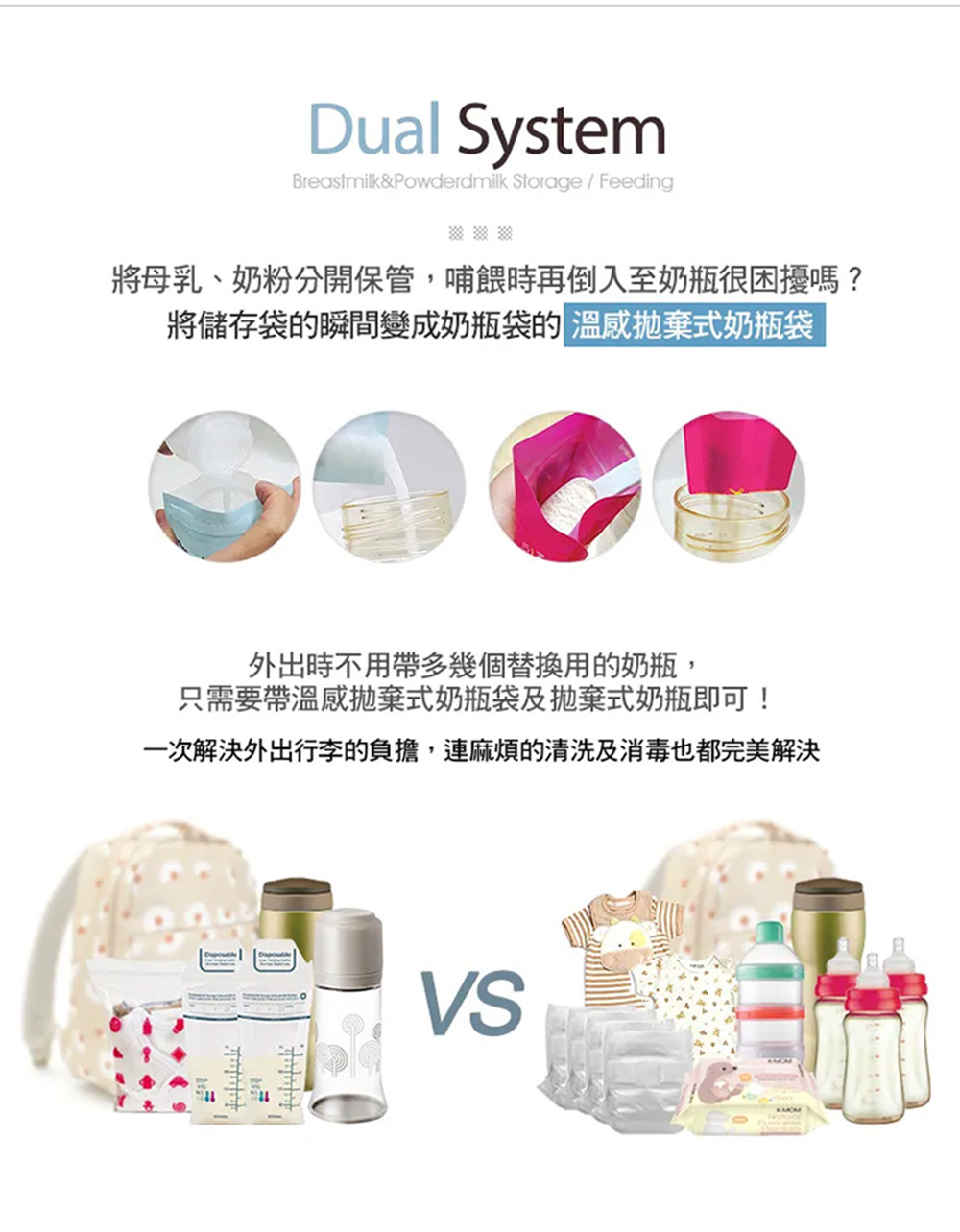 將母乳、奶粉分開保管,哺餵時再倒入至奶瓶很困擾嗎 將儲存袋的瞬間變成奶瓶袋的 溫感拋棄式奶瓶袋 外出時不用帶多幾個替換用的奶瓶, 只需要帶溫感拋棄式奶瓶袋及拋棄式奶瓶即可 一次解決外出行李的負擔,連麻煩的清洗及消毒也都完美解決 