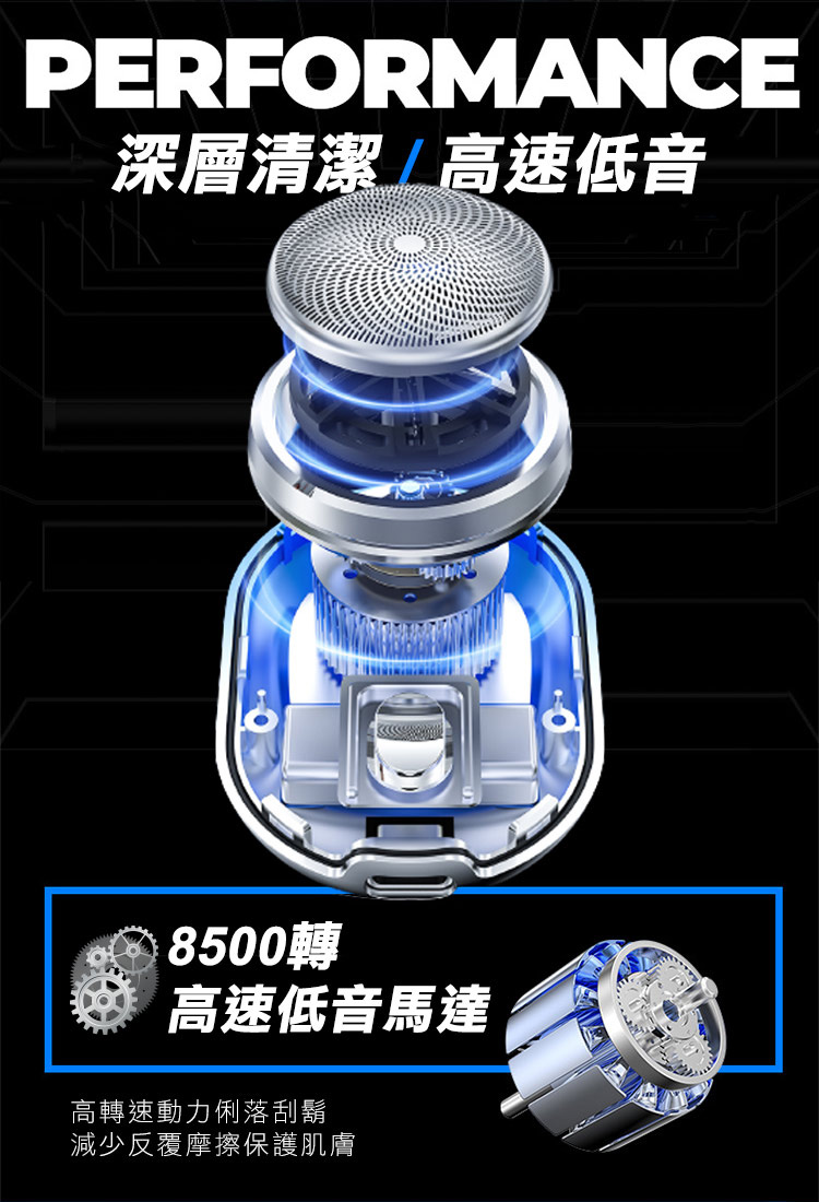 深層清潔 高速低音 8500轉 高速低音馬達 高轉速動力俐落刮鬍 減少反覆摩擦保護肌膚 