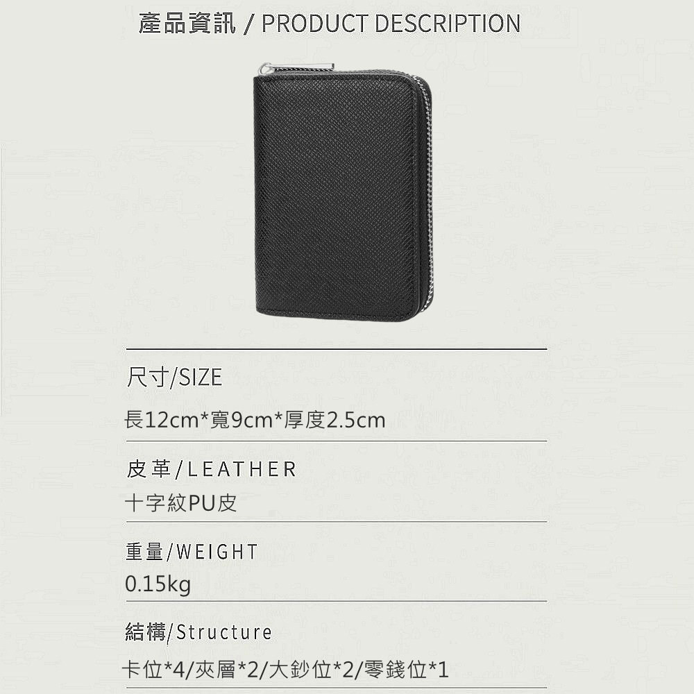 產品資訊PRODUCT DESCRIPTION 十字紋PU皮 重量WEIGHT 結構Structure 卡位4夾層2大鈔位2零錢位1 