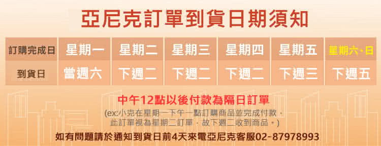 如有問題請於通知到貨日前4天來電亞尼克客服0287978993