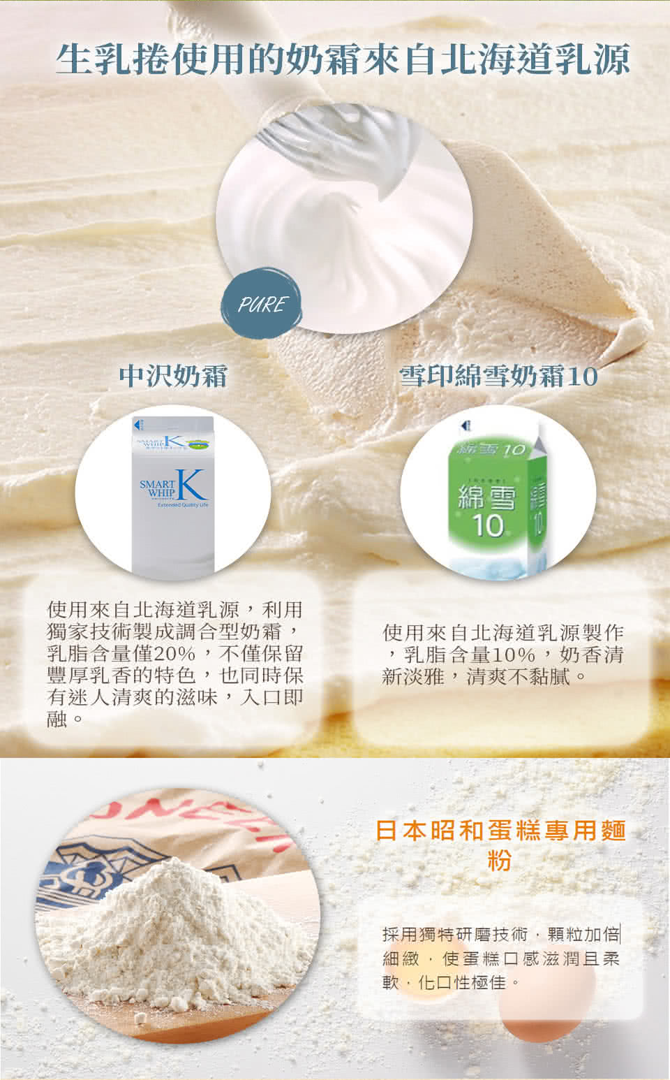 生乳捲使用的奶霜來自北海道乳源