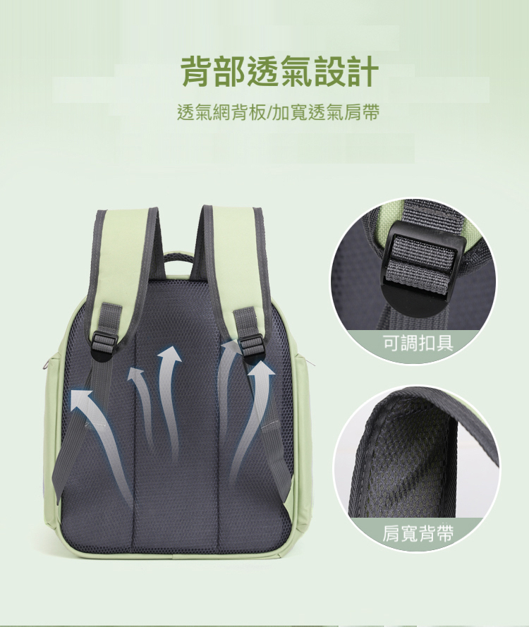 背部透氣設計 透氣網背板加寬透氣肩帶 可調扣具 肩寬背帶
