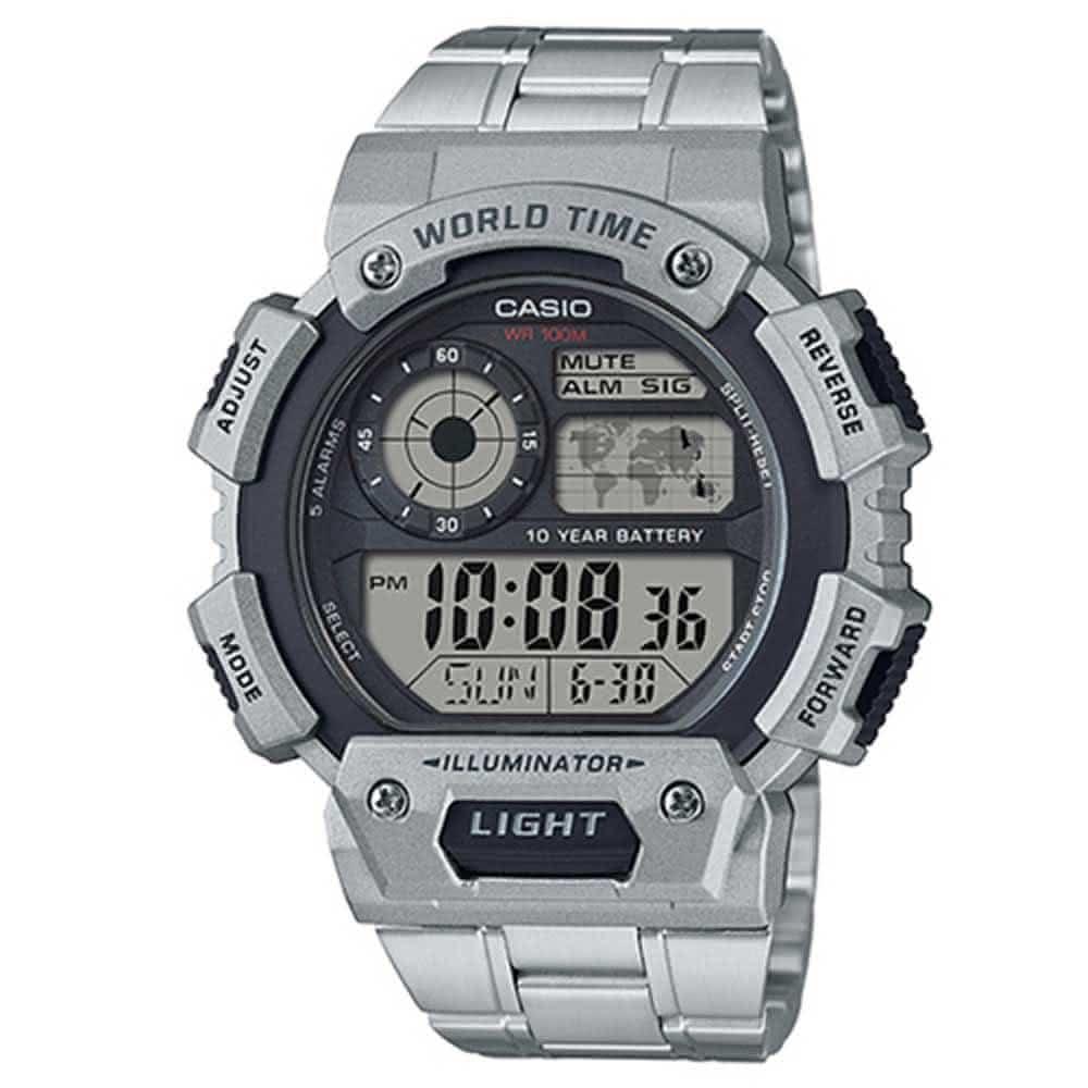 【CASIO 卡西歐】CASIO 卡西歐 世界 地圖錶 電子錶 學生錶 防水手錶 鋼錶 銀色 男錶(AE-1400WHD-1A)