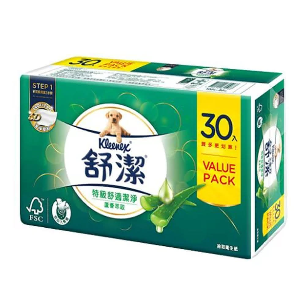 【Kleenex 舒潔】特級舒適潔淨蘆薈萃取抽取式衛生紙 100抽x30包/串(Kleenex舒潔)