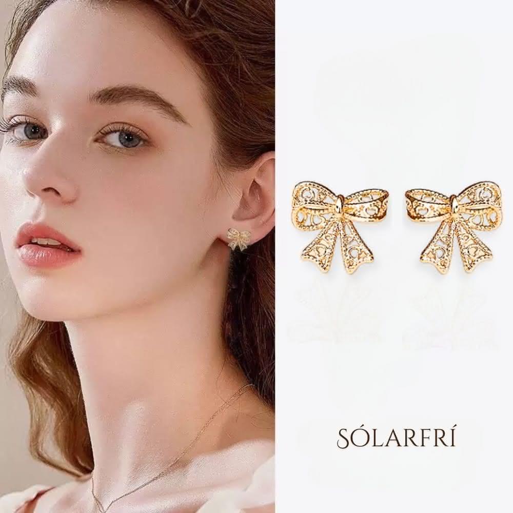SOLARFRi 純銀針耳環・ 縷空蝴蝶結S925純銀鍍14K金輕奢抗敏 