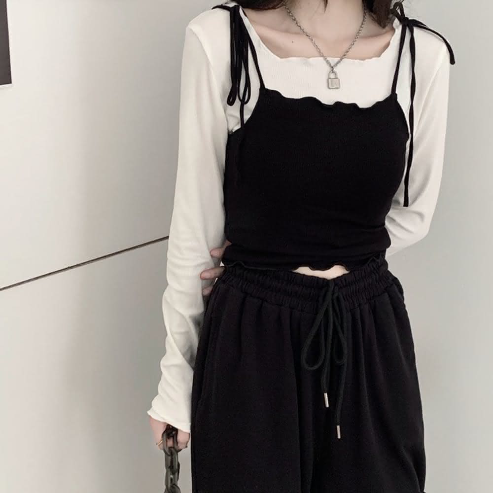 簡約花邊長袖上衣-黑色🖤 main image 0