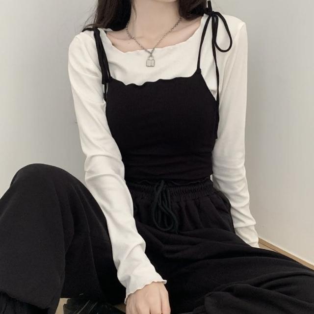 簡約花邊長袖上衣-黑色🖤 main image 1