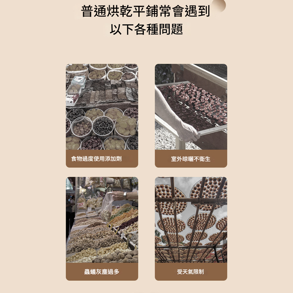 普通烘乾平鋪常會遇到以下各種問題食物過度使用添加劑室外晾曬不衛生蟲蟻灰塵過多受天氣限制