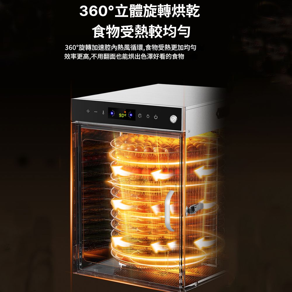 360°立體旋轉烘乾食物受熱較360°旋轉加速熱風循環,食物受熱更加均勻效率更高,不用翻面也能烘出色澤好看的食物-890