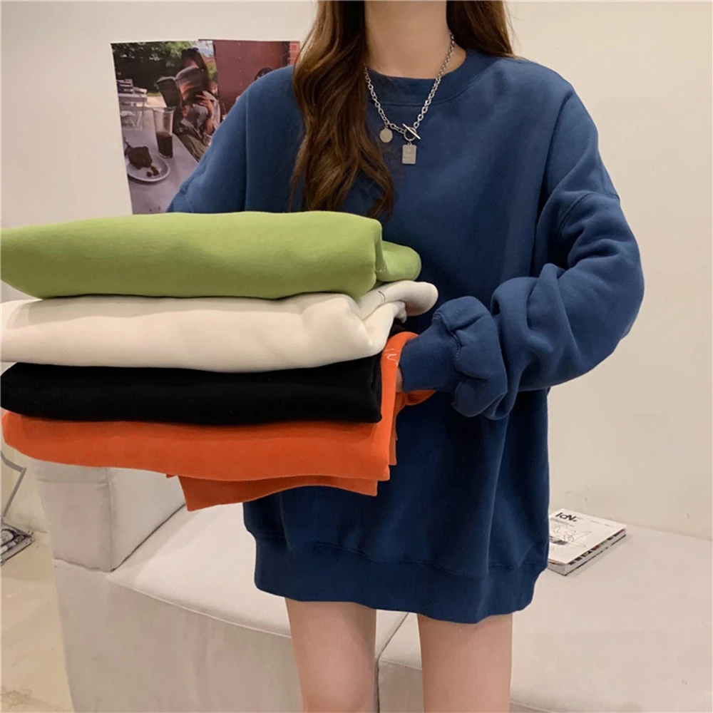【D.studio】韓版中長款寬鬆內刷毛長袖上衣大學T女裝衣服寬鬆上衣顯瘦上衣長袖t恤冬裝發熱衣 W466