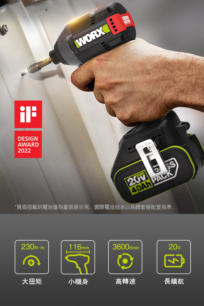 ESIGNAWARD2022WORXDax PACK*頁面搭載的電池僅為畫面展示用,實際電池版本以具體套餐配置為準230Nm116mm3600r/min20v大扭矩小機身高轉速長續航