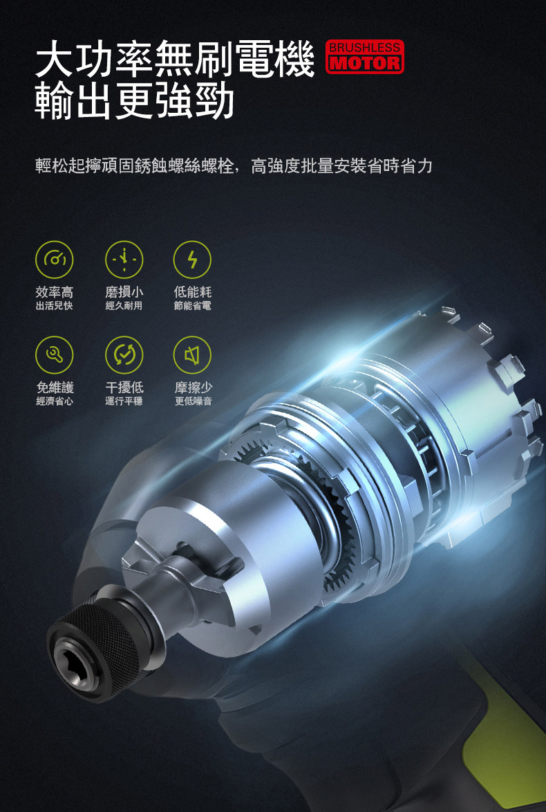 大功率無刷電機BRUSHLESSMOTOR輸出更強勁輕松起擰頑固銹蝕螺絲螺栓,高强度批量安裝省時省力效率高出活兒快磨損小低能耗經久耐用節能省電免維護干擾低摩擦少經濟省心運行平穩更低噪音