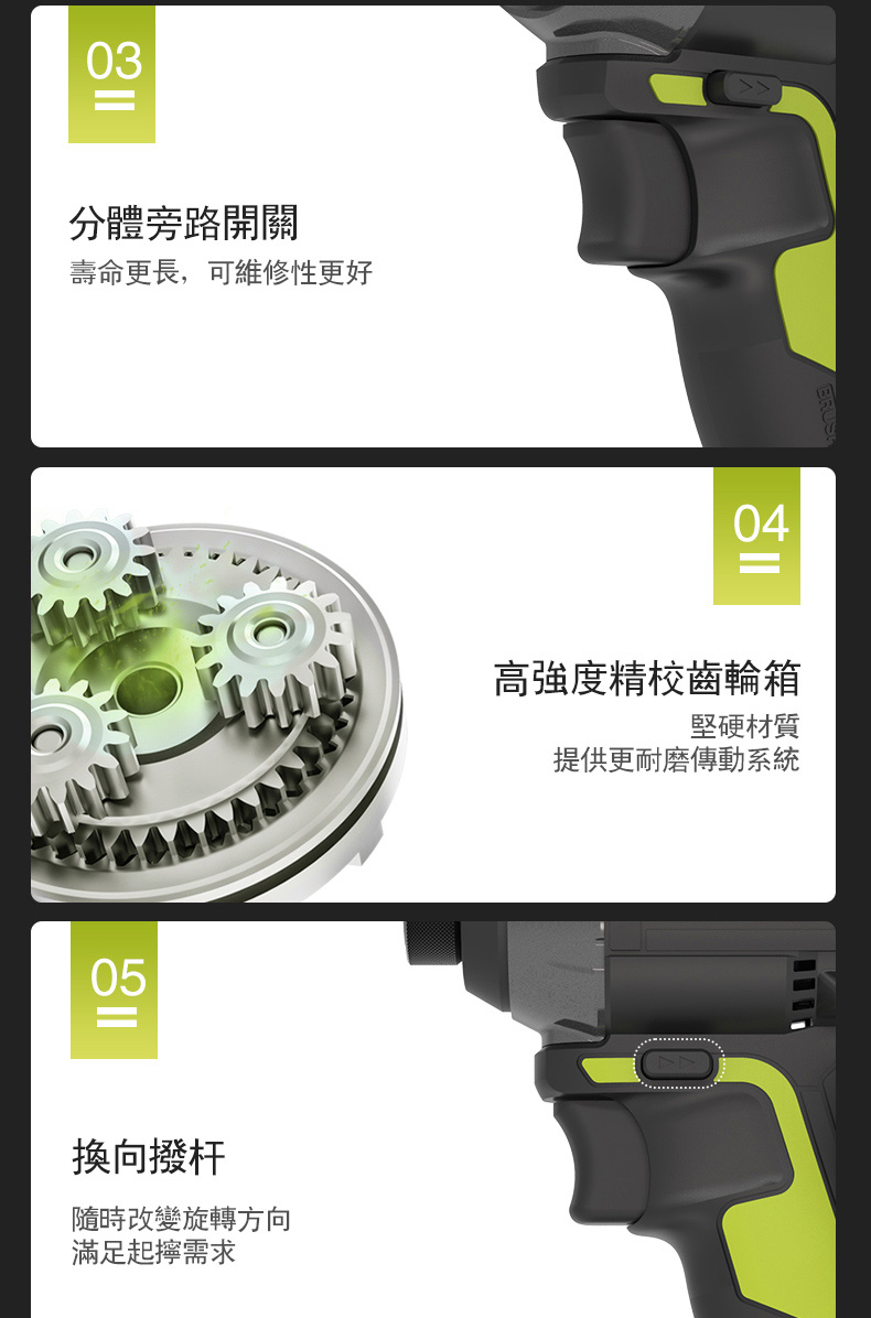 03=分體旁路開關壽命更長,可維修性更好05換向撥杆隨時改變旋轉方向滿足起需求04高強度精校齒輪箱堅硬材質提供更耐磨傳動系統
