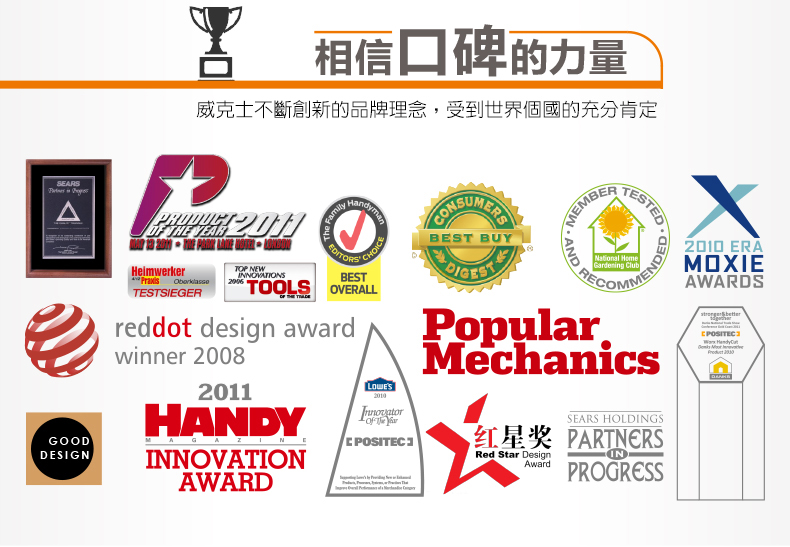 SEARSAGOODDESIGN 相信口碑的力量威克士不斷創新的品牌理念,受到世界個國的充分肯定HeimwerkerTOP NEW TESTSIEGER FamilyEDITORSCHOICEBEST OVLLreddot design awardwinner 20082011HANDYINNOVATIONAWARD2010  BEST BUYMEMBERNational HomeGardening ClubAND MENDEDPopularMechanicsSEARS HOLDINGS红星奖 PARTNERSRed Star DesignAwardINPROGRESS2010 ERAMOXIEAWARDS POSITEC