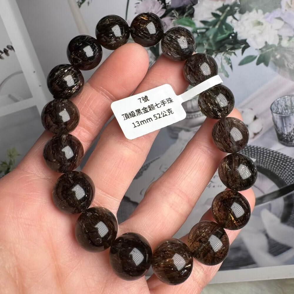 千奇國際精品】天然水晶黑金超七手珠7號13mm 52公克手圍18公分 千奇國際精品】天然水晶黑金超七手珠7號13mm 52公克手圍18公分