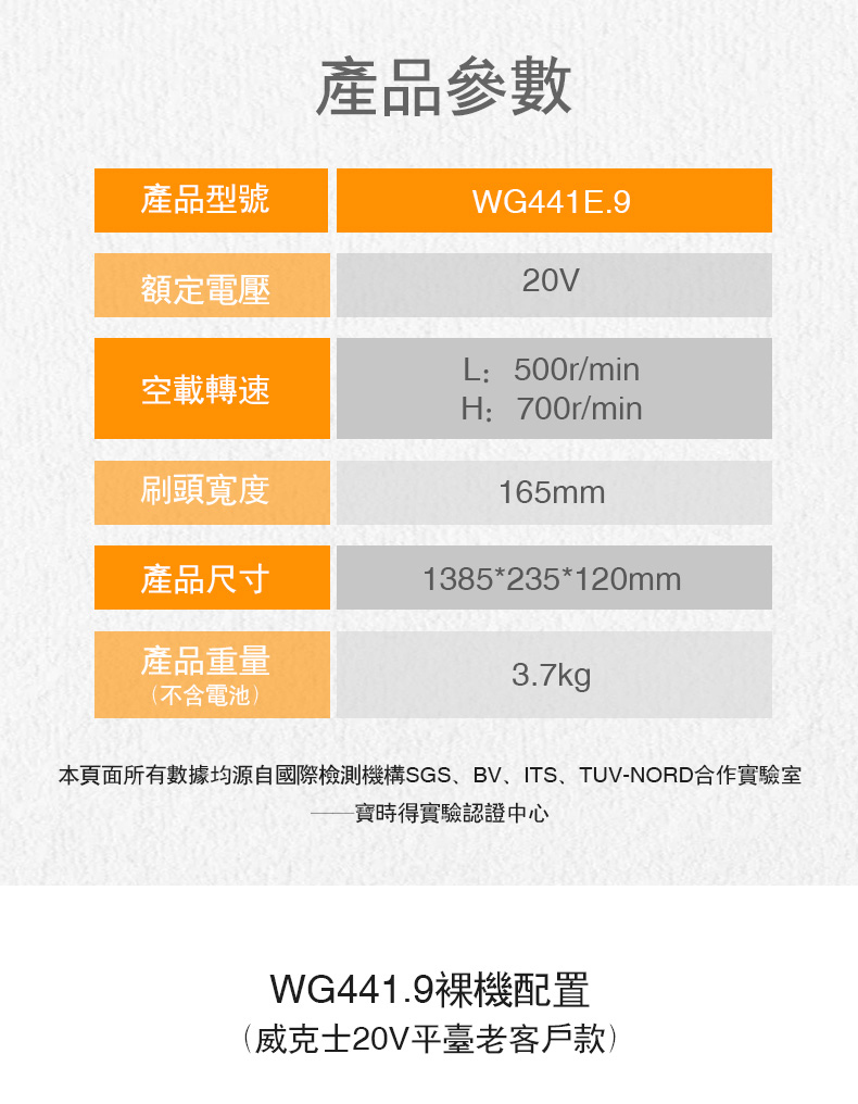 產品型號額定電壓產品參數WG441E.920VL500r/min空載轉速H: 700r/min刷頭寬度165mm產品尺寸1385*235*120mm產品重量(不含電池)3.7kg本頁面所有數據均源自國際檢測機構SGS、BV、ITS、TUV-NORD合作實驗室時得實驗認證中心WG441.9裸機配置(威克士20V平臺老客戶款)