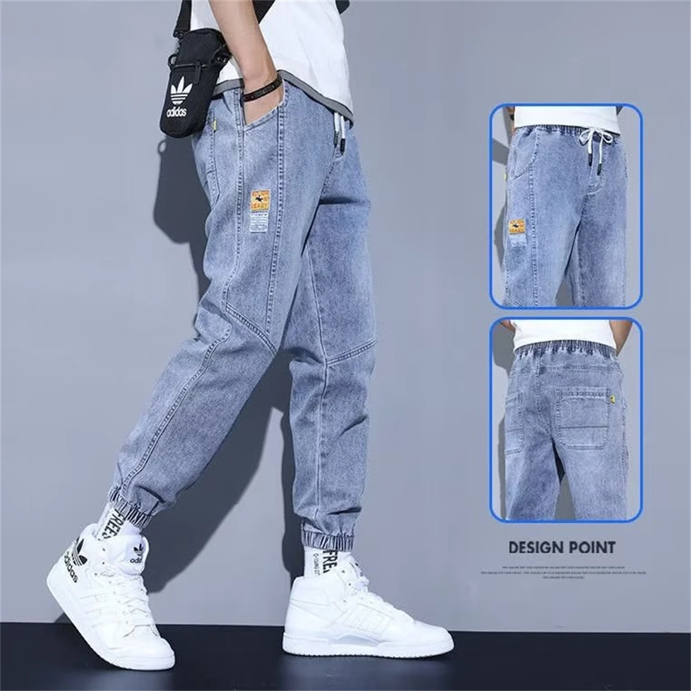 【B1 地下室】買一送一∣牛仔褲 美式水洗復古拼接牛仔褲 休閒褲 ins潮牌 男裝工裝 哈倫褲 褲子 大尺碼5XL NL653005(男生褲子 休閒長褲 牛仔褲)