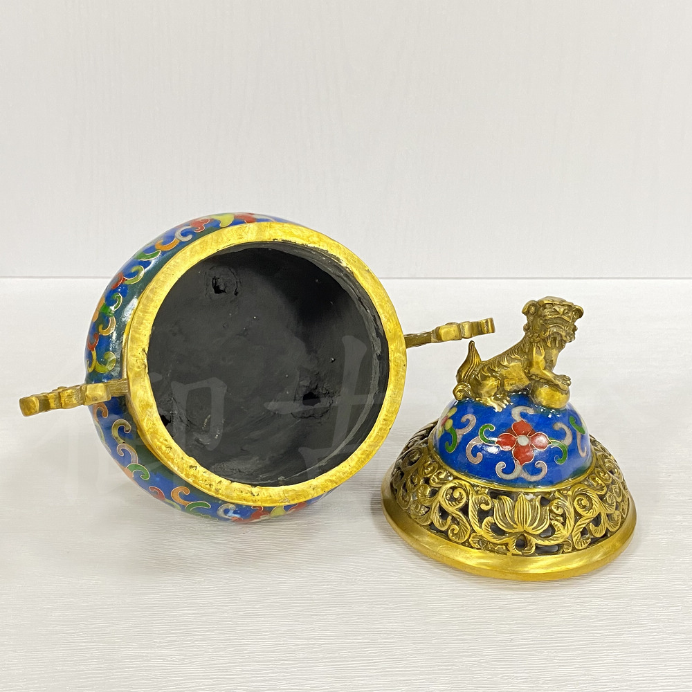 御古齋】掐絲景泰藍獅戲球銅香爐熏香爐三足爐掐絲琺瑯彩爐壁厚實爐蓋鏤