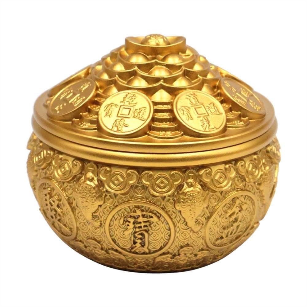 銅製 金蟾聚宝盆 招財進宝 蓋付 装飾品 工芸品 美術品 置物 LADUTA 拉布塔】4寸黃銅金蟾聚寶盆帶蓋招財擺件客廳店鋪裝飾品存
