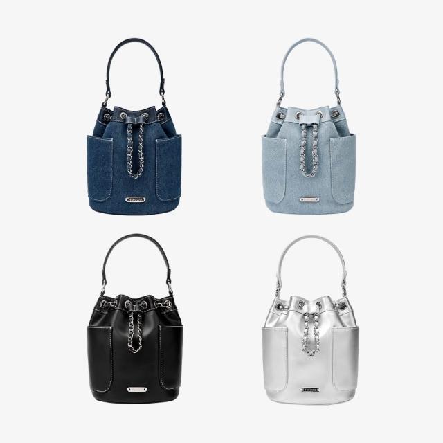 送料込★S’AIME★牛仔ping接錬條水桶包★デニム風2wayショルダ- S'AIME】SAIME 東京企劃牛仔拼接/皮革抽繩鍊條水桶包