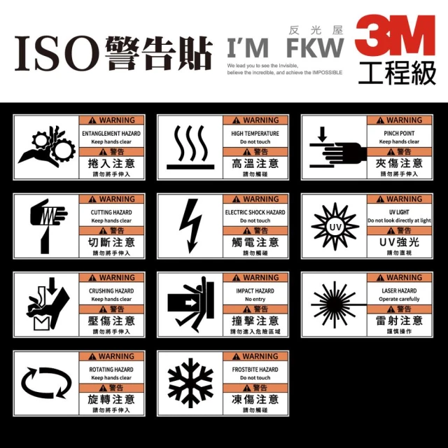 反光屋FKW 3M工程級 反光貼紙 警告貼紙 警示貼紙 觸電注意 切斷注意 高溫注意 壓傷注意 捲入注意 撞擊注意 防水(反光貼紙 防水貼紙 警示貼紙)