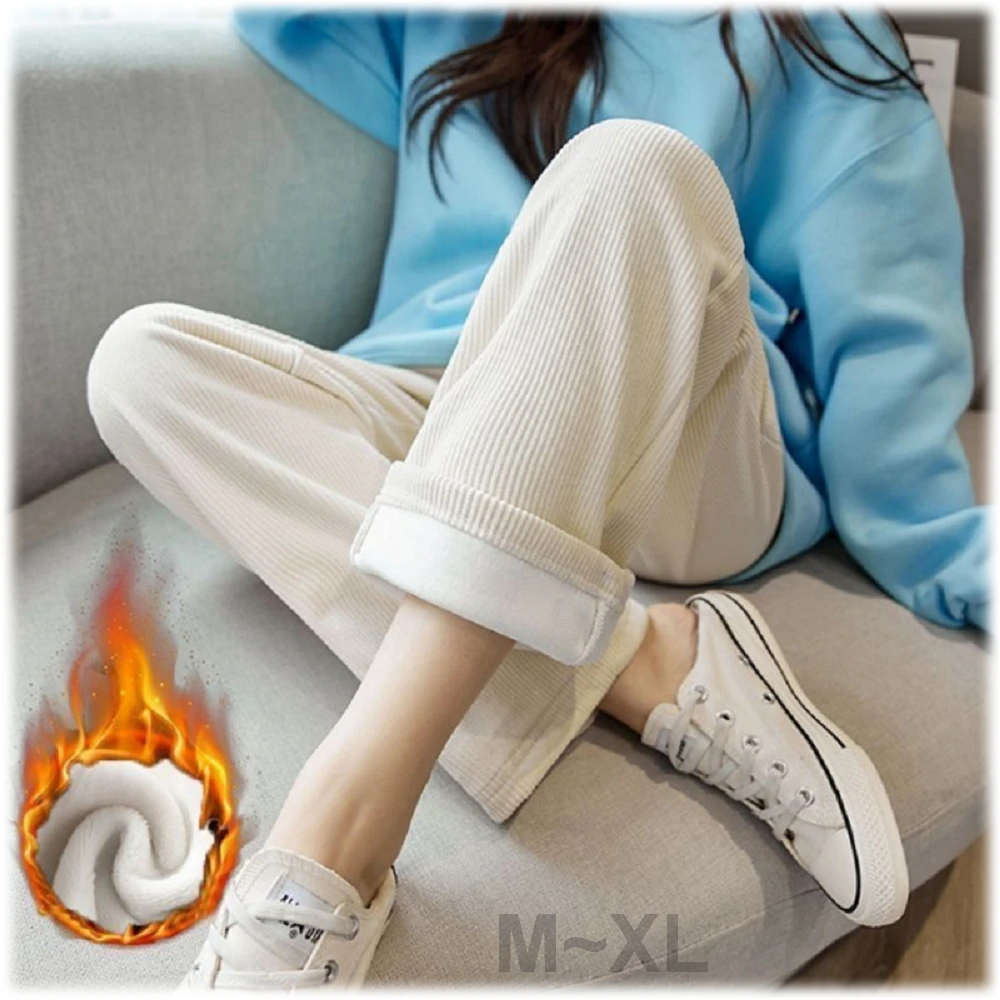 【Shiny 藍格子】純色內加絨鬆緊腰燈芯絨直筒闊腿褲 V3678(女褲 長褲 寬褲)