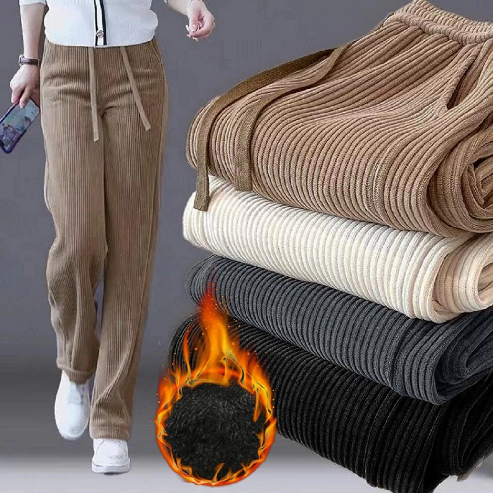 【Shiny 藍格子】加絨垂感燈芯絨抽繩腰鬆緊直筒長褲 V5041(女褲 長褲 刷毛)