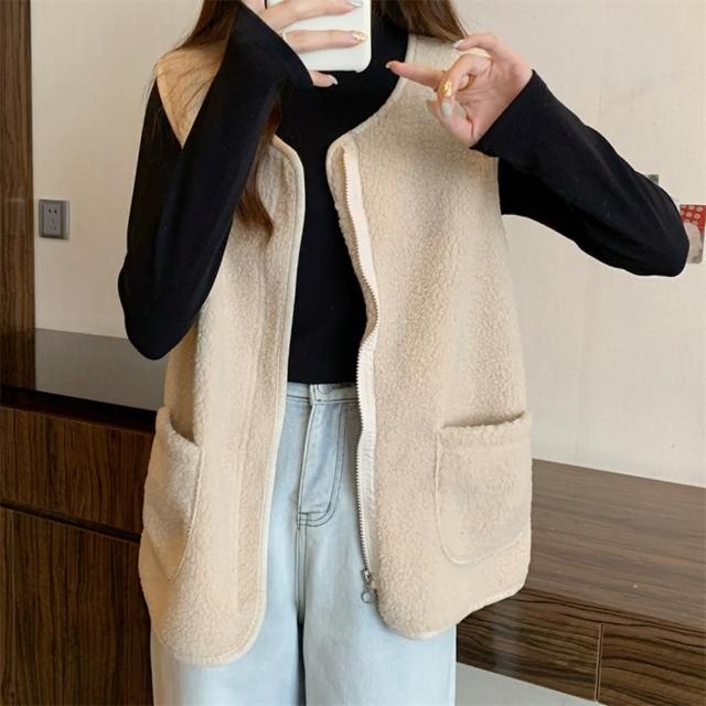 【D.studio】韓版毛絨絨背心外套上衣 女裝 衣服 外套 長袖上衣 毛衣 針織上衣 J327