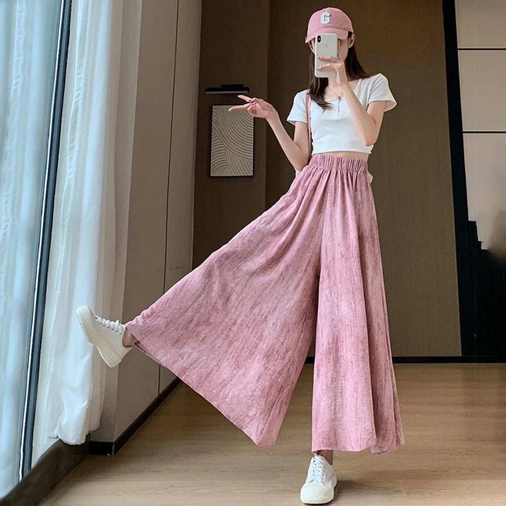 【D.studio】韓版寬鬆休閒冰絲水墨半身褲裙 寬褲 褲子 長褲 休閒褲 女裝 高腰褲 裙子 長裙 P371