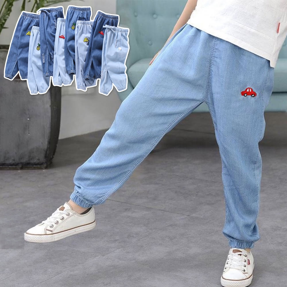 B96 春 薄款男女童牛仔防蚊褲無口袋 兒童束口防蚊褲 透氣長褲 防曬褲 空調褲 兒童長褲 