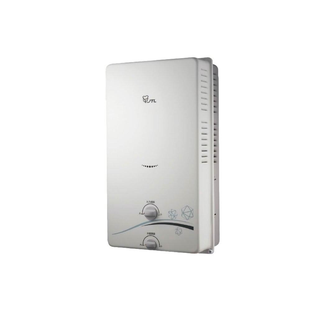  JTL喜特麗 JT-H1212 RF式瓦斯熱水器，臺灣原廠製造，支援天然瓦斯(NG1)與液化瓦斯(LPG)兩種型號。12L/min熱水輸出量，電子連續放電點火，機械控溫設計，熱效率達83%以上，能源效率第二級。尺寸400x250x710mm，重量18kg，使用DC1.5V電池供電，冷熱水管口徑PF 1/2"。BSMI許可R31028，保固1年，適閤家庭使用，提供穩定熱水供應。 