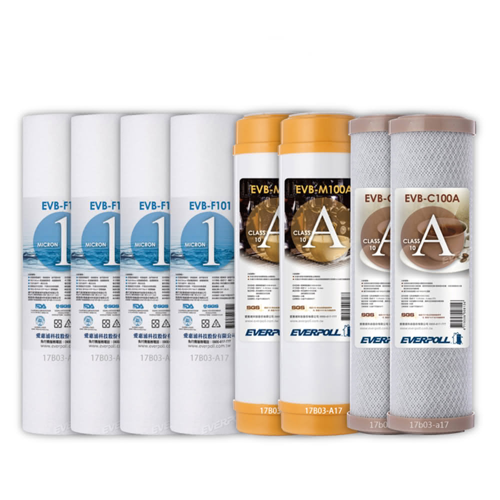 EVERPOLL EVB-F101 1微米PP濾心4支 EVB-M100A道爾樹脂濾心2支 EVB-C100A壓縮活性碳濾心2支(前置濾心組合共8支)