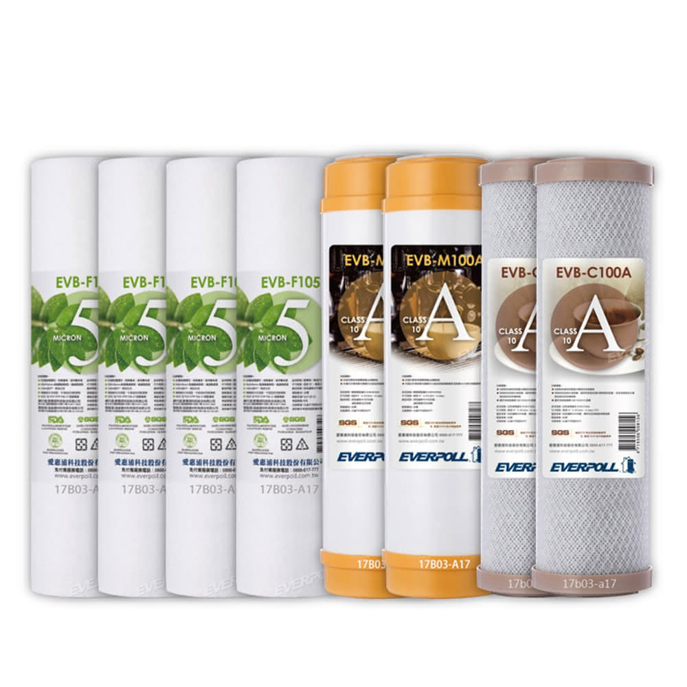 EVERPOLL EVB-F105 5微米PP濾心4支 EVB-M100A道爾樹脂濾心2支 EVB-C100A壓縮活性碳濾心2支(前置濾心組合共8支)