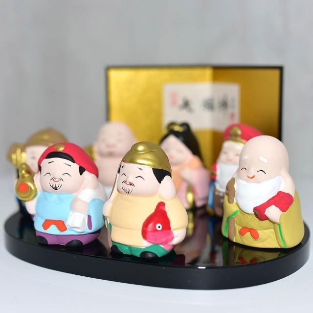 (陶器)    七福神置物 Japanese Ceramic Seven Lucky Gods Figurine Set Vtg