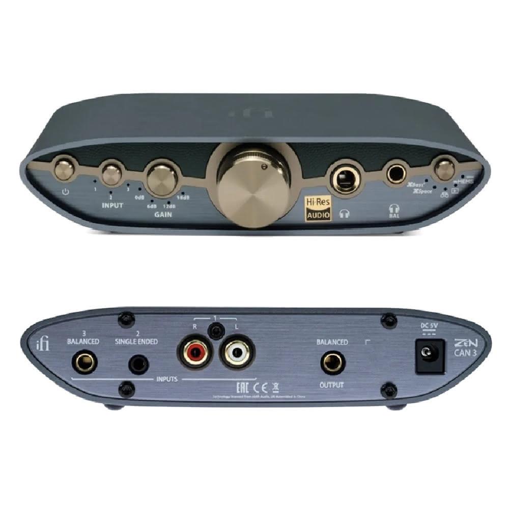iFi ZEN CAN 3 是英國知名音訊品牌iFi Audio的旗艦耳機放大器，採用灰色系設計，專為Hi-Fi愛好者打造。支援高解析度音訊輸出，提供強勁驅動力與純淨聲音表現。無內建容量儲存，專注於無線或有線音樂傳輸輸入，適合桌面使用。尺寸與重量輕巧便攜，產地英國，無彩色螢幕設計，聚焦於極致音質體驗。