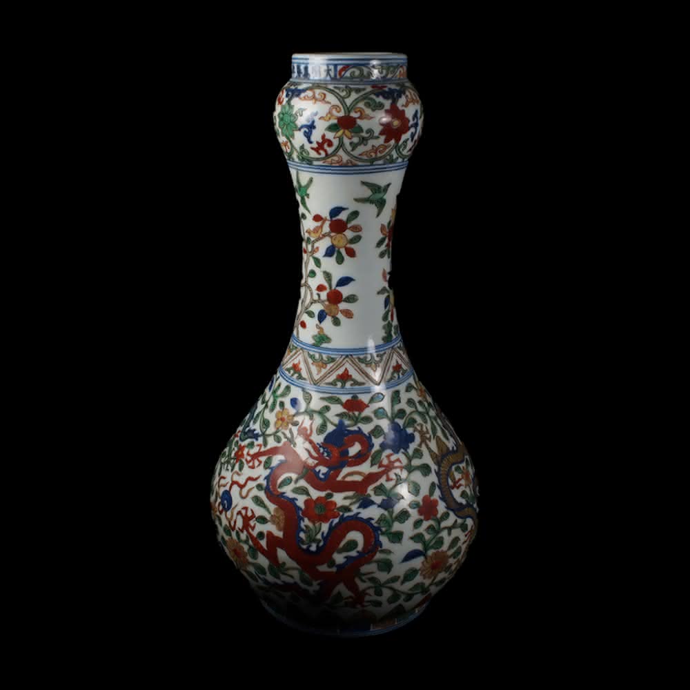 中国　五彩　蒜頭瓶　龍鳳草花図　大明萬暦年製銘 Yahoo!オークション -「大明萬暦年製」(陶芸) (工芸品)の落札