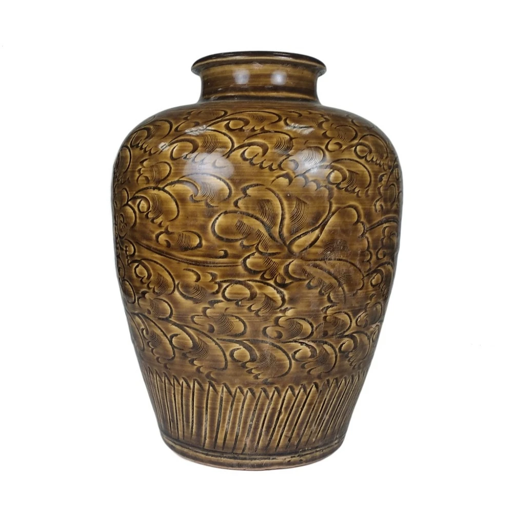 博古珍藏》宋吉州窯黃釉刻花卉紋梅瓶花瓶瓷器早期收藏