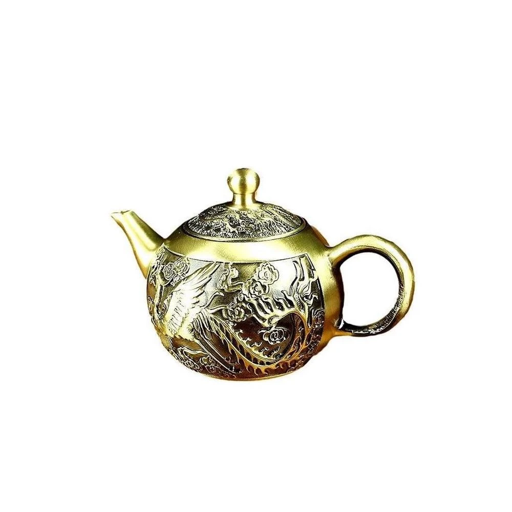 黃銅龍鳳山水茶壺家居茶桌茶具純銅擺件龍鳳呈祥小茶壺中式茶具