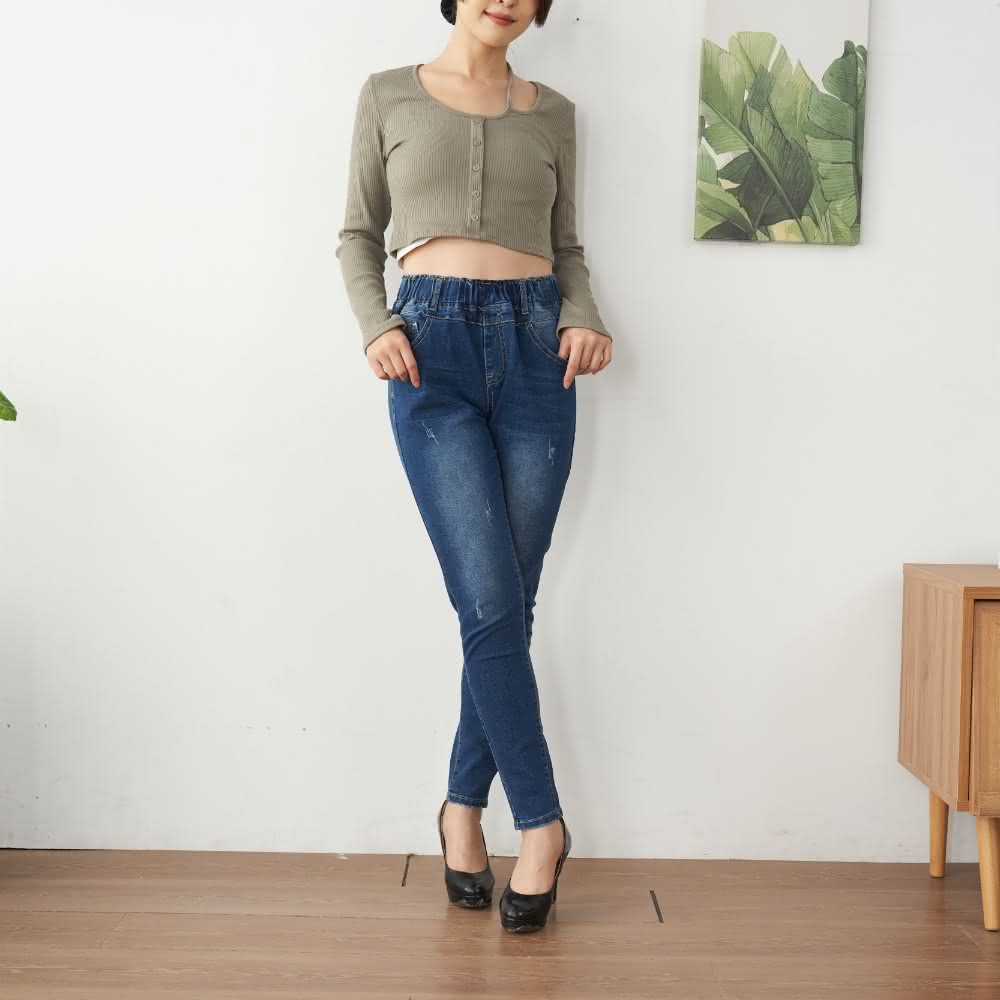 NEWLOVER牛仔時尚長腿女神顯瘦舒適鬆緊腰刷痕窄管褲S-XL 牛仔褲彈性長