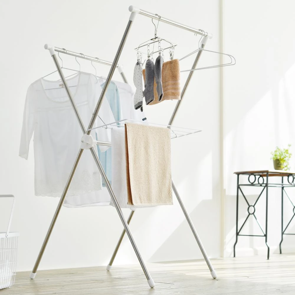 【IRIS】不鏽鋼隨插即用折疊曬衣架 H-70XN (毛巾架/梅雨/小坪數/小套房/情侶)