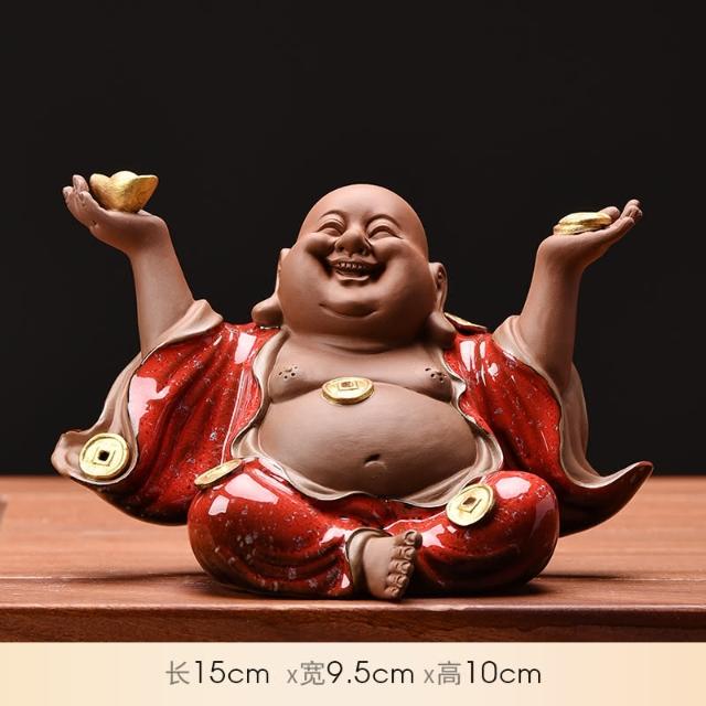 四季風家居創意紫砂招財彌勒佛茶寵精品陶瓷大肚笑佛茶桌茶台禪意佛像擺件