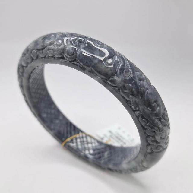 鵝娘翡翠】天然翡翠緬烏雞雕刻手鐲內徑58.6/鵝娘天然翡翠/A9186708