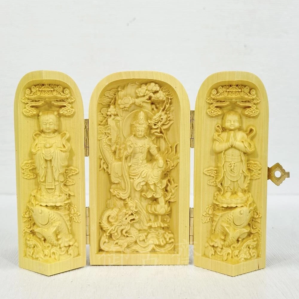 御古齋】黃楊木三開佛盒圓盒西方三聖媽祖關公隨身佛龕祈福禮佛木雕藝品
