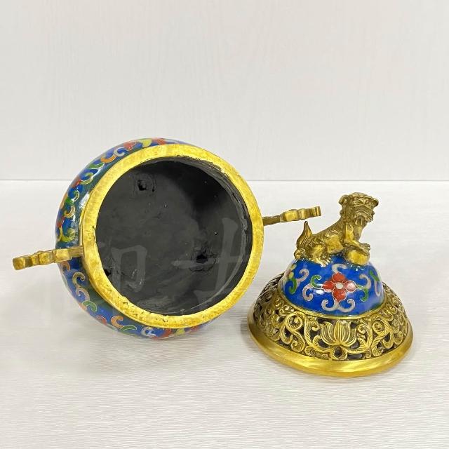 御古齋】掐絲景泰藍獅戲球銅香爐熏香爐三足爐掐絲琺瑯彩爐壁厚實爐蓋鏤